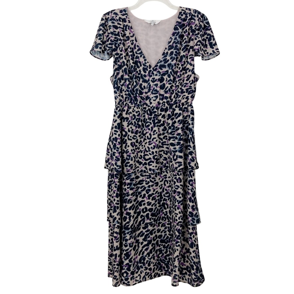 LaRoque Monroe Leopard Print Midi Dress Size L Short Sleeve V-neck Tiered Ruffle